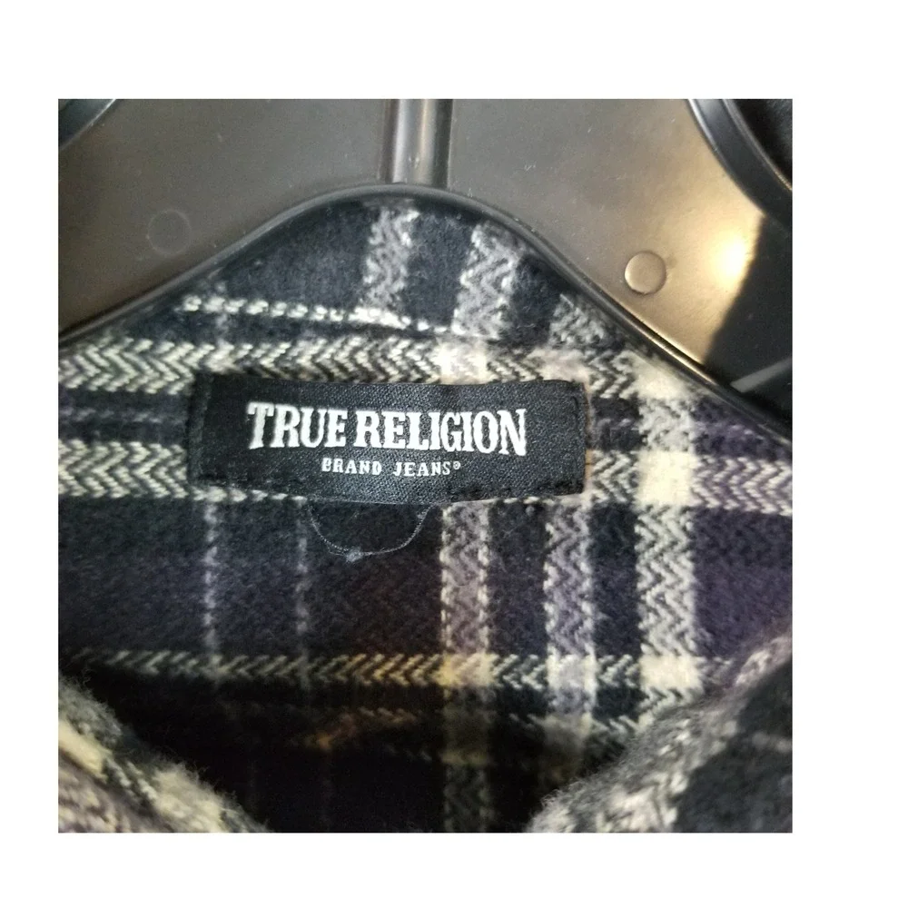True Religion Mens Plaid Flannel Shirt Purple Black Logo Graphic‎ Small S